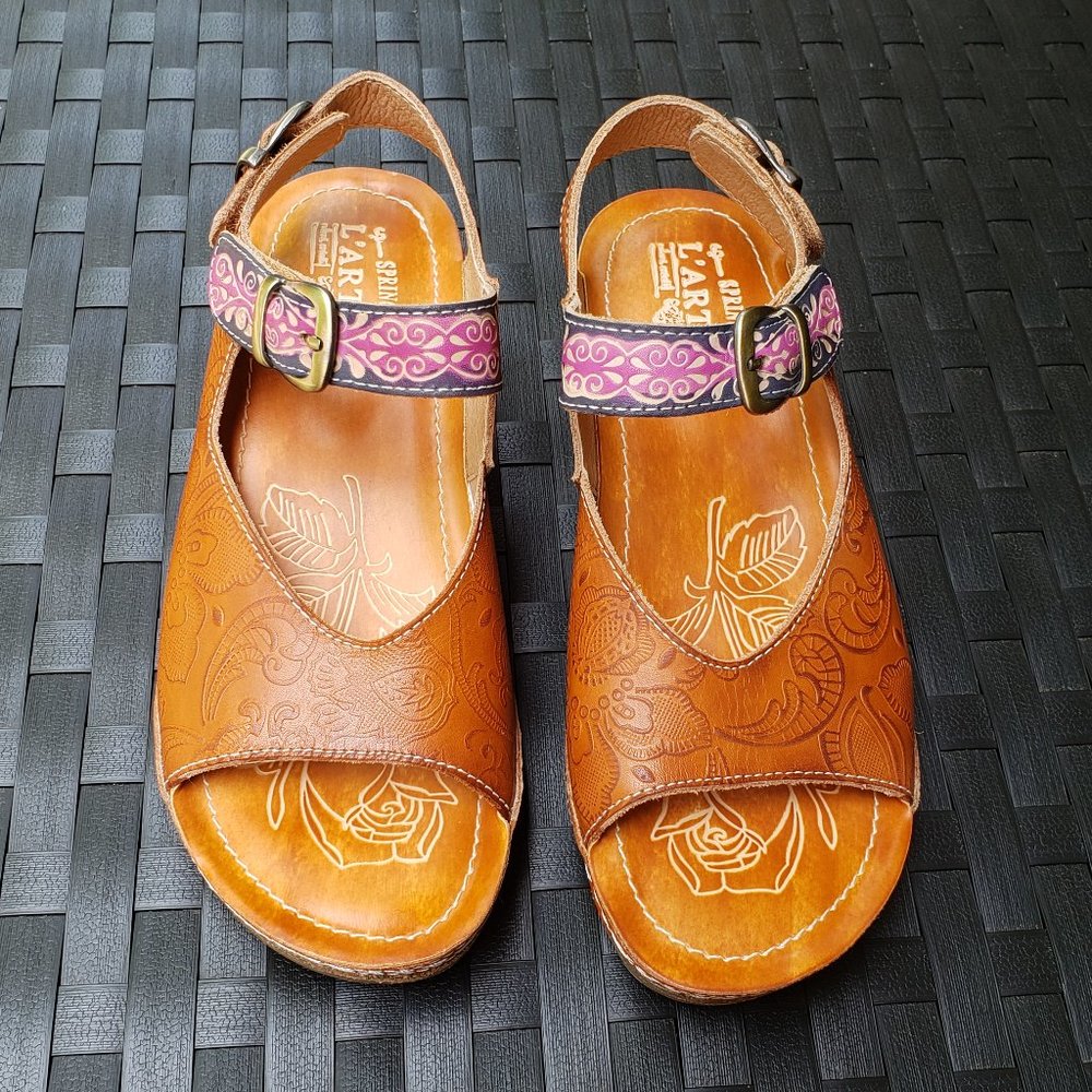 L'Artiste By spring Step Teddy Women's Genuine Leather Wedge Sandals Size 36